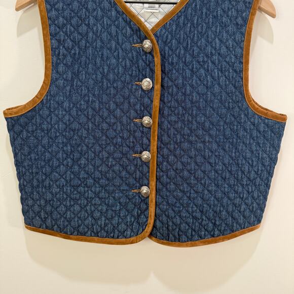 Vintage Quilted Denim Style Vest Petite Medium Blue Brown Velvet Trim - Picture 2 of 11